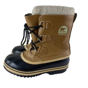 Sorel Kids Boys sz 4 Yoot Pac Leather Waterproof Winter Snow Boots Tan Black